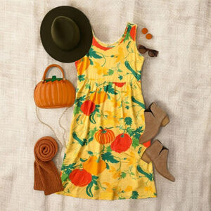 Vintage 80s 90s Jams World Pumpkin Fall Autumn Harvest Rayon Midi Dress